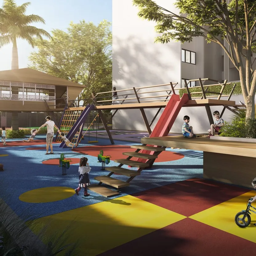 A children’s play area with a slide and a tree house at ELV HighGarden